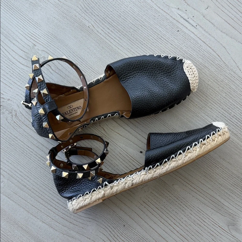 Valentino Black Leather Espadrille Flats with Studded Ankle Straps